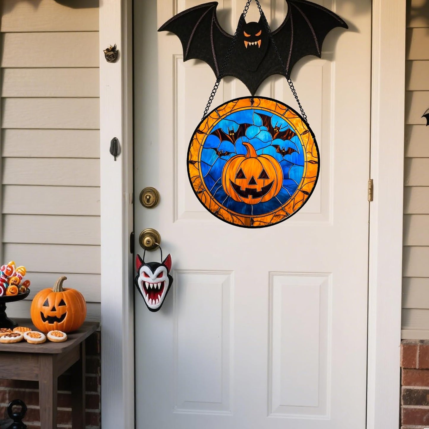 Stained Glass Window Hanging - Halloween Evil Pumpkin Suncatcher for Doors Window Garden Indoor Spooky Brown Bat Sun Catchers Gothic Decor Horror Gifts for Women Men Friend Boy Girl 11.8 in