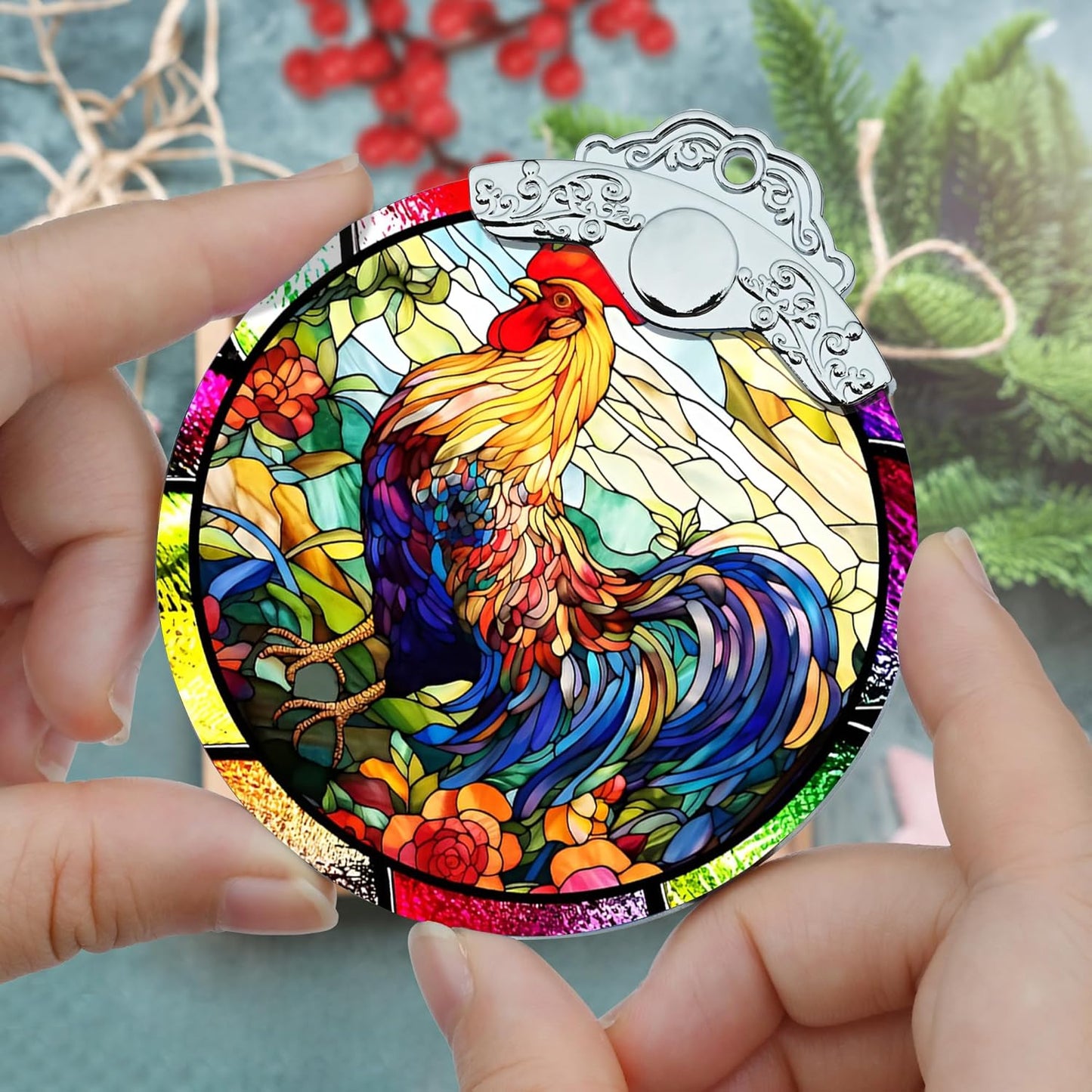 Glass Chicken Christmas Ornament, Semi Transparent Stained Glass Ornament, Colorful Festive Decor for Holidays and Gifts