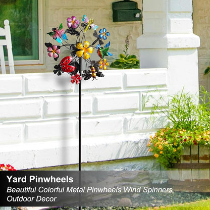 Flower Wind Spinners Outdoor, Metal Windmill with Hummingbirds, Butterflies and Bees, Pinwheels for Yard and Garden