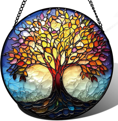 Colorful Tree of Life Suncatcher -7.9 in Stained Glass Window Hanging Sun Catcher Garden Decor