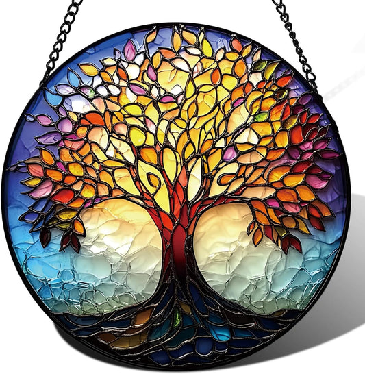 Colorful Tree of Life Suncatcher -7.9 in Stained Glass Window Hanging Sun Catcher Garden Decor