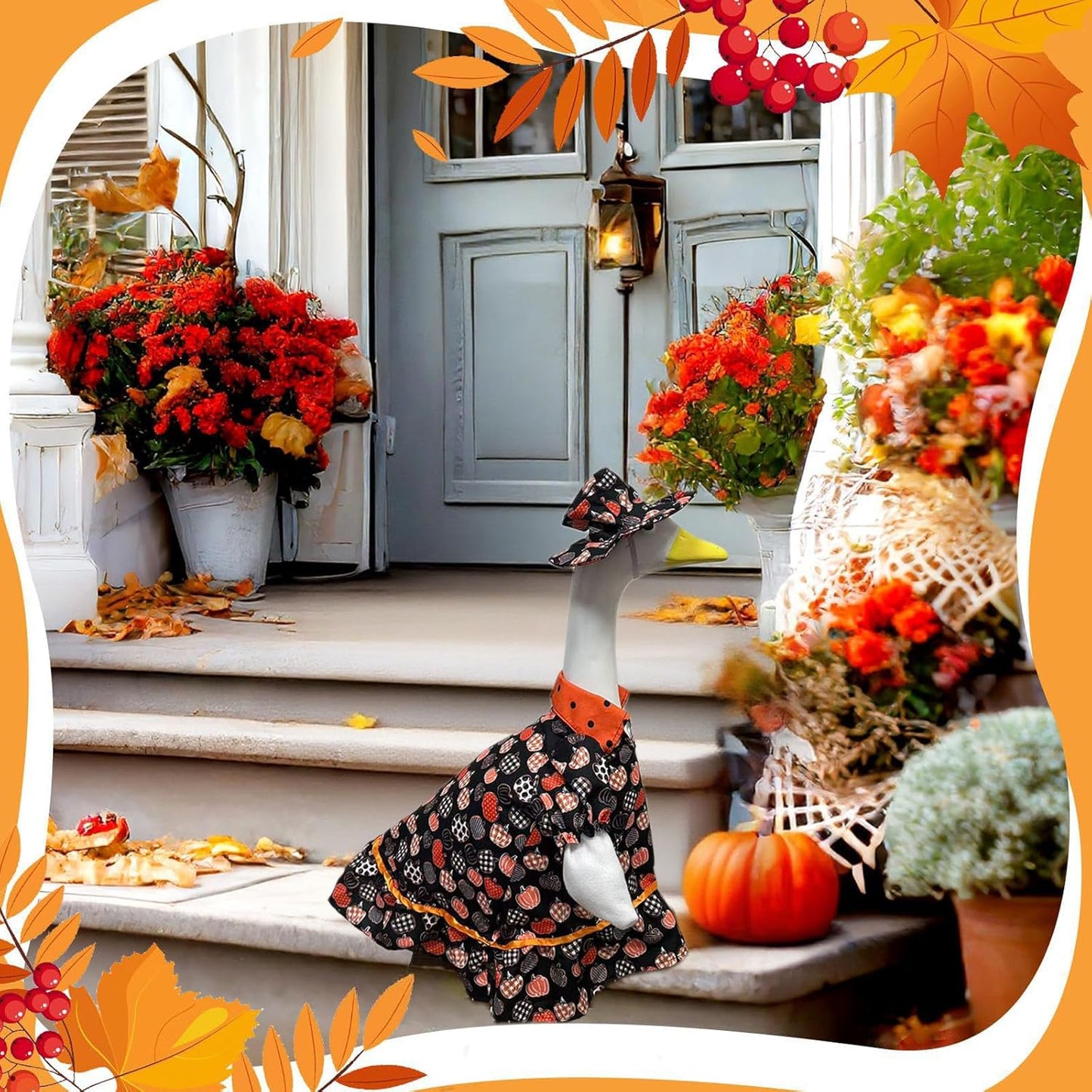 Halloween Porch Goose Outfit Set for 23'' Plastic Statue Lawn Porch Goose Clothes with Fall Pumpkin Skirt Hat Costume for Indoor Outdoor Patio Yard Lawn Art Decor