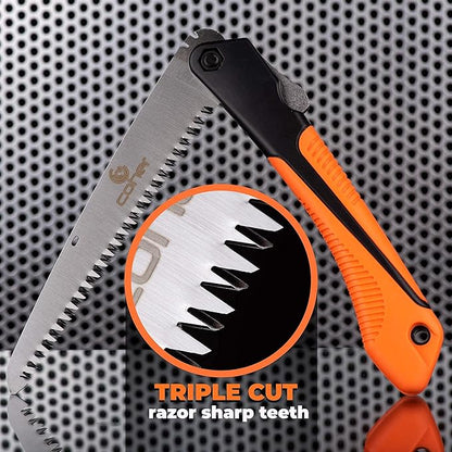 Folding Hand Saw for Tree Pruning, Camping, Gardening, Hunting. Cutting Wood, PVC, Bone with Ergonomic Handle Design