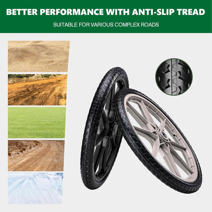 20" Flat Free Tire and Wheel with 3/4" & 5/8" Bearing, Replacement Wheels for Rubbermaid Wheelbarrow,Lawn Carts, Big Wheel Utility Carts and Garden Yard Cart, 2 Pcs Black