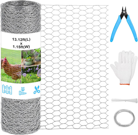 Chicken Wire Mesh 13.7 in x 157 in Silver Floral Chicken Wire Poultry Netting Hexagonal Galvanized PVC Coated Wire Mesh for Floral Arrangements Craft with 30 Zip Ties, Glove and Wire Cutting Pliers
