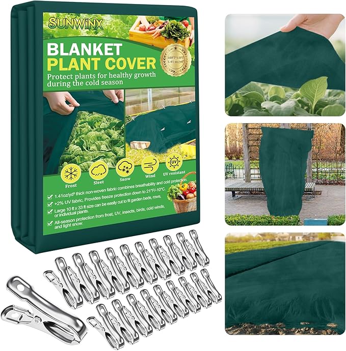 10×33 ft Plant Covers Freeze Protection- 1.4 oz/yd² Frost Cloths Blankets for Outdoor Plants, Reusable Floating Row Cover Plant Freeze Protection for Winter Garden Vegetables Raised Bed, Green