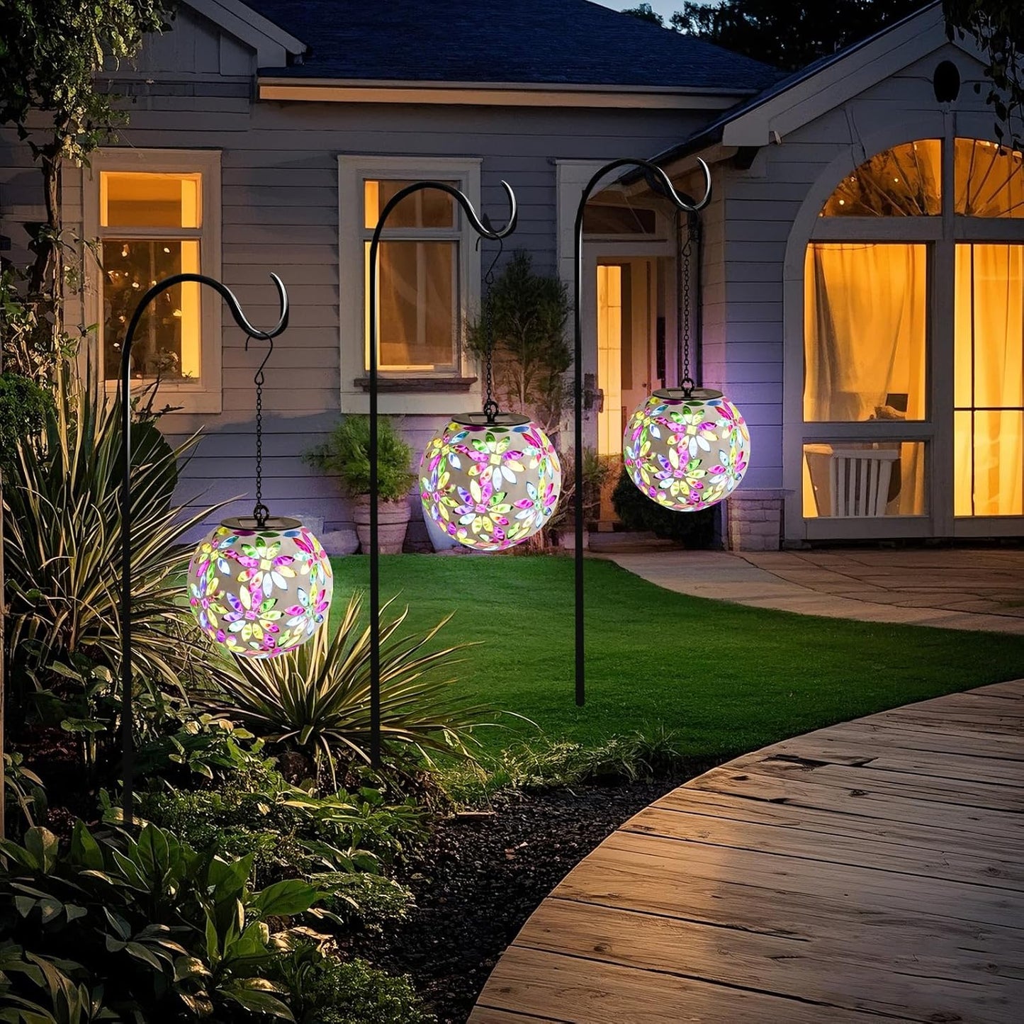 VCUTEKA Hanging Solar Lanterns Mosaic Solar Lights with Hook Up, Outdoor Garden Lights Decor for Yard Tree Fence Patio, Multicolor