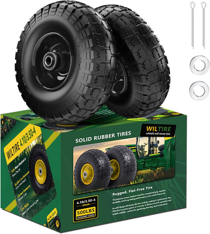 (2 Pack) 4.10/3.50-4 Flat Free Tire and Wheel 10-Inch Solid Wheel Replacement with 5/8 Bearings,2.2" Offset Hub -Compatible with Hand Truck,Wheelbarrow(Black)
