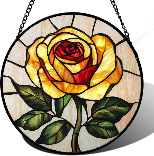 Stained Glass Window Hanging - Elegant Yellow Rose Flower Sun Catcher for Door Garden Home Decor