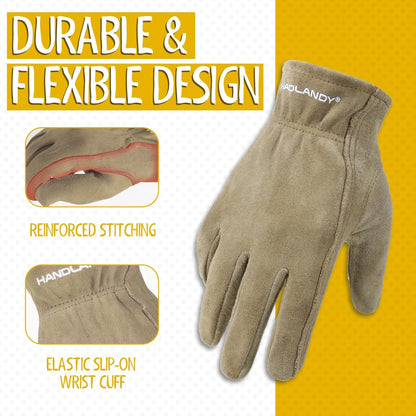 HANDLANDY Kids Genuine Leather Work Gloves for ages 3-11, Children Gardening Gloves for Boys, Girls (Large (age8-11), 2 pairs)