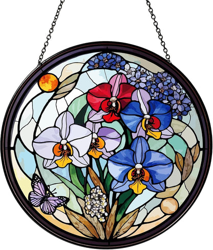 Family Birth Flowers Stained Glass Window Hanging Flower Sun Catcher Decor Birthday Gifts for Women Christmas Suncatchers for Home Windows Hanging Decoration, 7.87inch