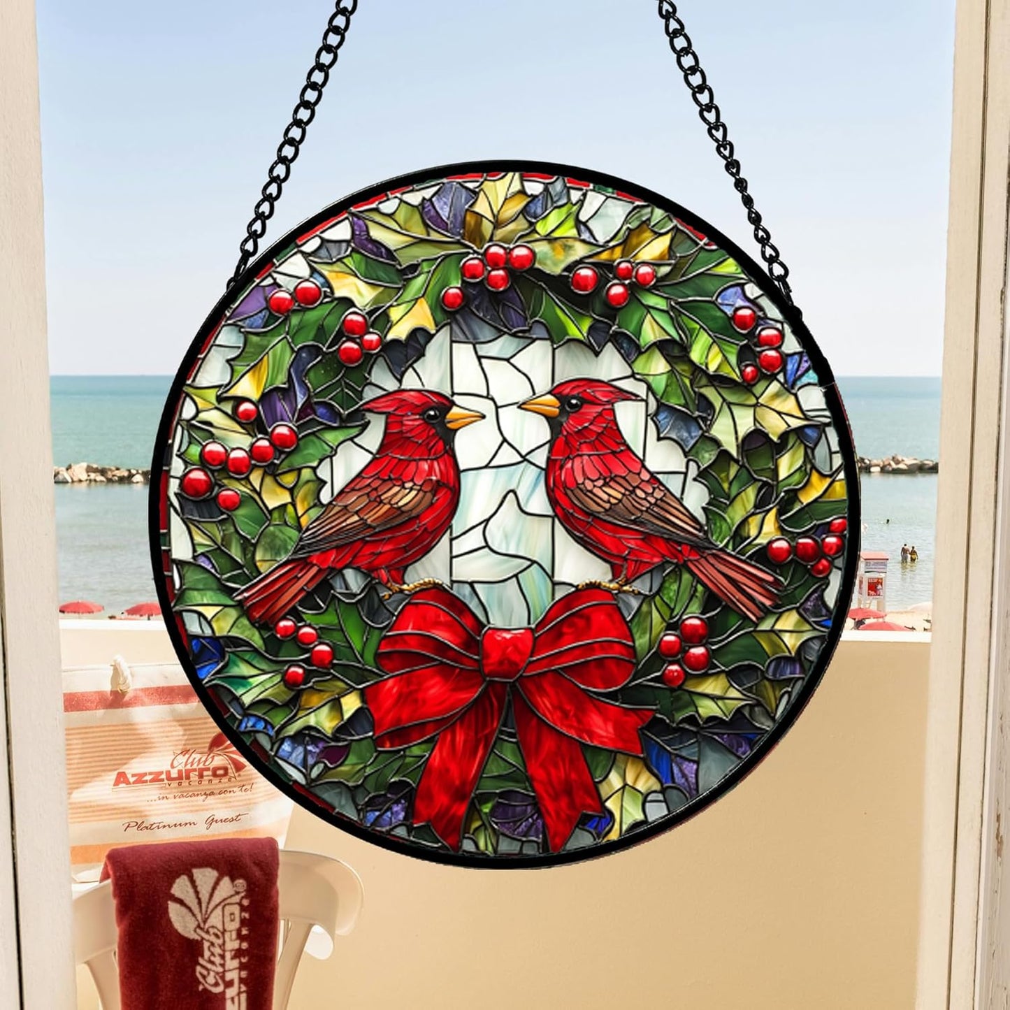 Stained Glass Window Hanging - Cardinals Green Wreath Suncatcher for Doors Home Christmas Decoration Red Bird Sun Catcher Thanksgiving New Year Birthday Gift for Women Men Mom Nana 14.9 in