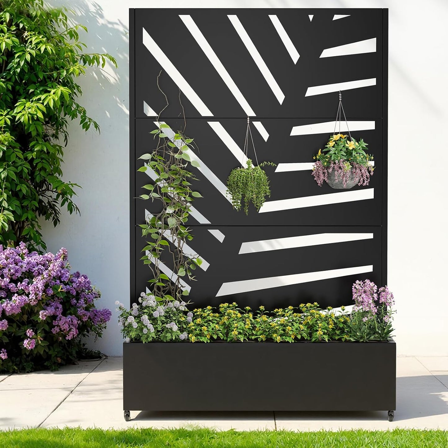 Metal Raised Garden Bed with Trellis & Wheels,72" x 47"x 15.7" Planter Box with Trellis,Privacy Planters for Patio,Garden Bed for Climbing Plants,Suitable for Climbing Plants and Vegetables,Black