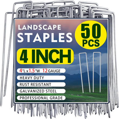 50 Pack Landscape Staples 4 Inch Garden Stakes Galvanized Garden Staples Pins Anti-Rust Ground Stakes for Weed Barrier, Irrigation Tubing, Landscaping Fabric, Yard Lawn