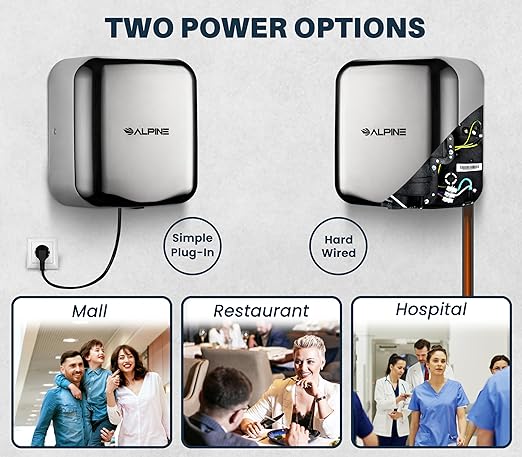 Alpine Automatic Hand Dryers for Bathrooms Commercial High Speed 110-120V Stainless Steel Electric Hand Dryer, Plug In & Hardwire Options with Air Filter, ADA & UL Compliant & 5 Years Coverage(Chrome)