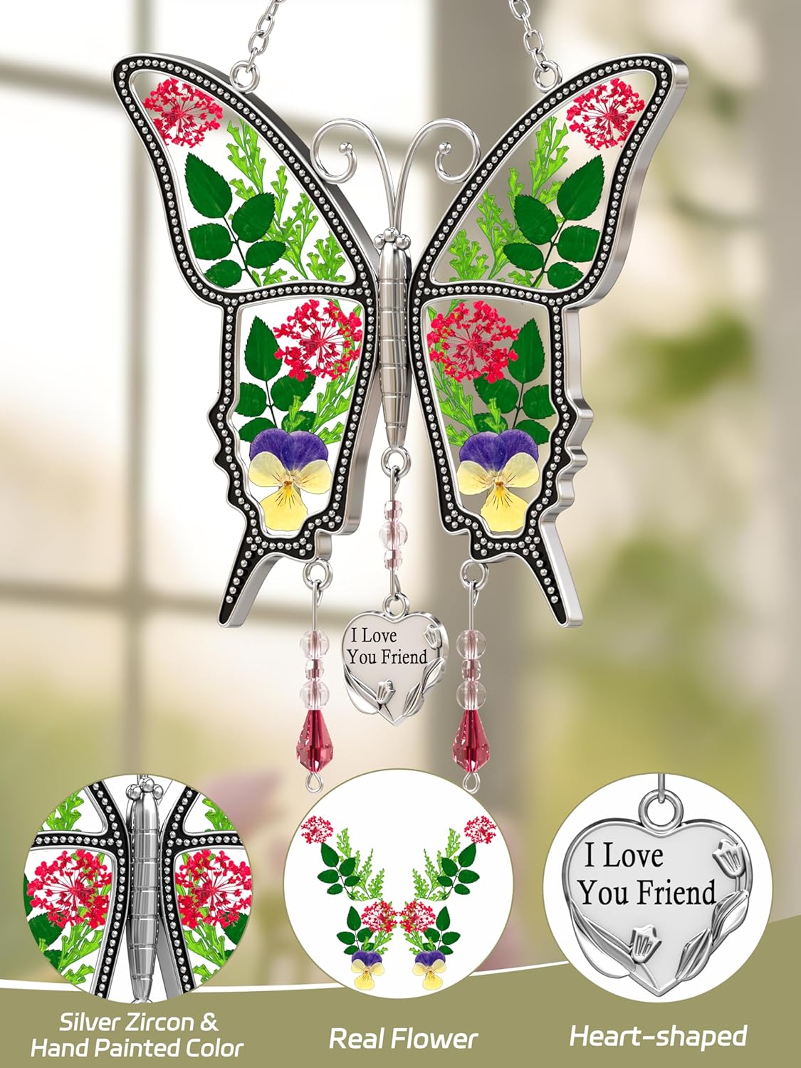 KY&BOSAM Gifts for Women I Love You Friend Butterfly Suncatcher with Pressed Real Flower Stained Glass Suncatchers for Window Hanging Wind Chime Decor Brithday Gift for Friend Mothers Day