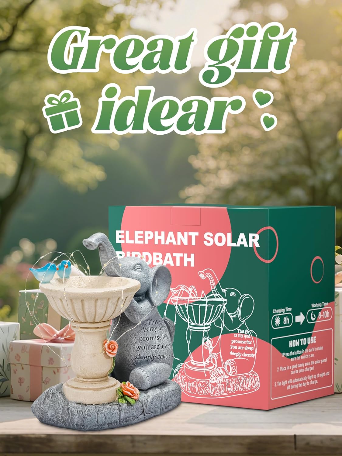 Solar Garden Outdoor Statues Decor, Elephant with Birdbath Garden Decor for Home House, Yard Art Lawn, Ornaments, Porch Patio, Balcony - Birthday Gifts for Grandma Mom Women