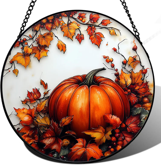 Pumpkin Maple Leaf Suncatcher -7.9 in Stained Glass Window Hanging Sun Catcher Garden Decor