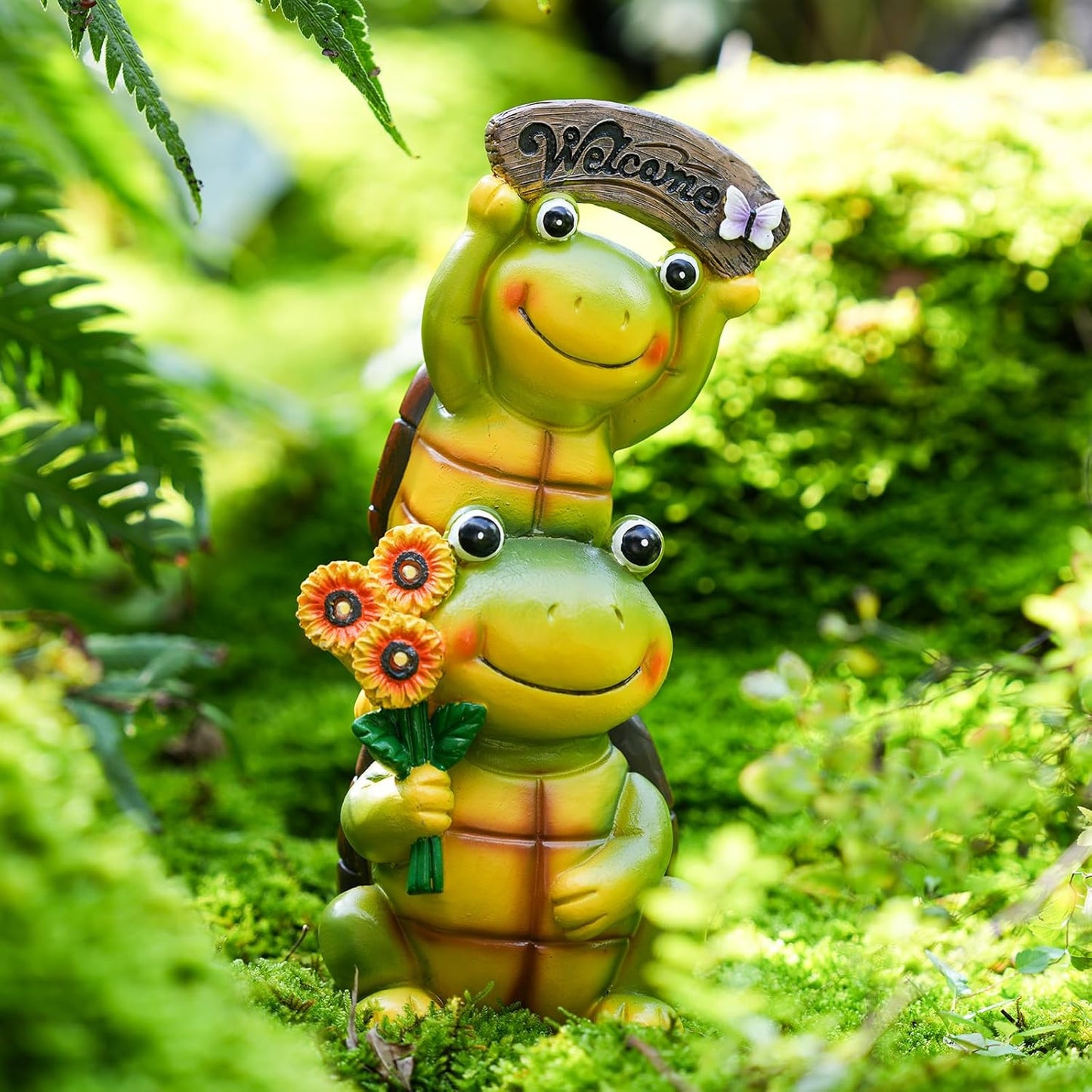 Garden Turtle Outdoor Statues, Solar Garden Statue Two Sweet Frog Face Turtles Decor with 3 LED Lights, for Patio Lawn Porch Yard,Gifts for Birthday, Easter, Housewarming