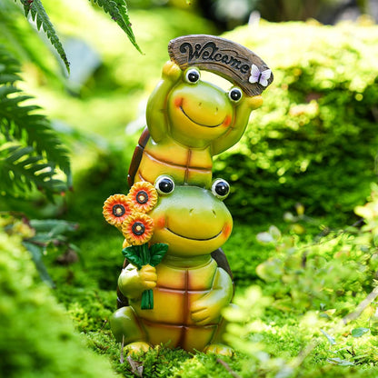Garden Turtle Outdoor Statues, Solar Garden Statue Two Sweet Frog Face Turtles Decor with 3 LED Lights, for Patio Lawn Porch Yard,Gifts for Birthday, Easter, Housewarming