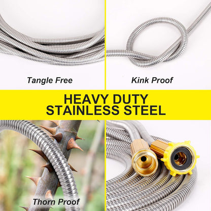 FOXEASE Metal Garden Hose 100FT - Stainless Steel Heavy Duty Water Hose with Solid Metal Nozzle & 8 Function Sprayer, Portable & Lightweight Kink Free Yard Hose, Outdoor Hose