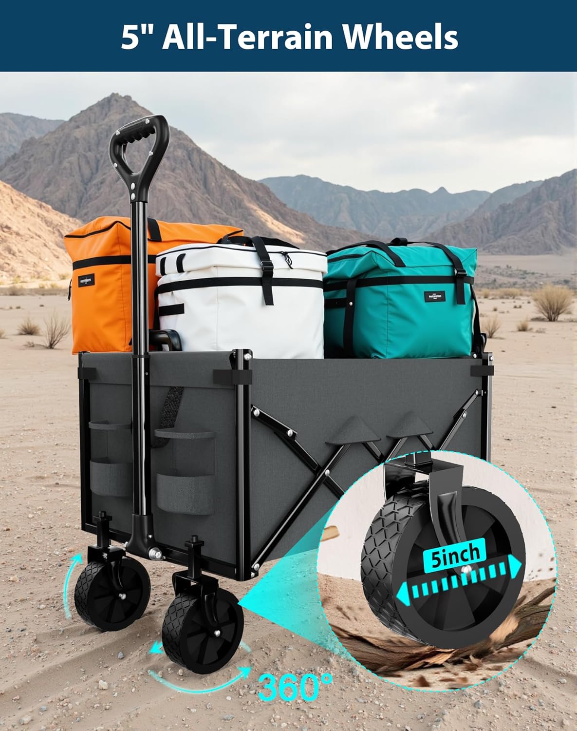 Lightweight Folding Wagon, Large Capacity Collapsible Grocery Cart on Big Wheels, Heavy Duty Foldable Shopping Carts, All-Terrain Outdoor Utility Carts, 4.5 Cu Ft, Grey
