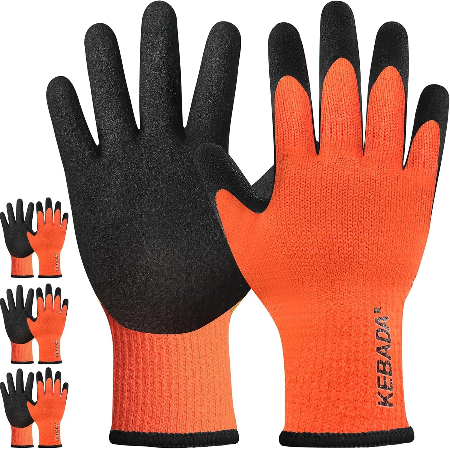 Kebada T3 Winter Work Gloves for Men and Women, Warm Knit Cold Weather Work Gloves, Thermal Insulated Freezer Gloves, 100% Latex Coating Non-slip Grip, Long Wrist Design, 3 Pairs, Orange, X-Large