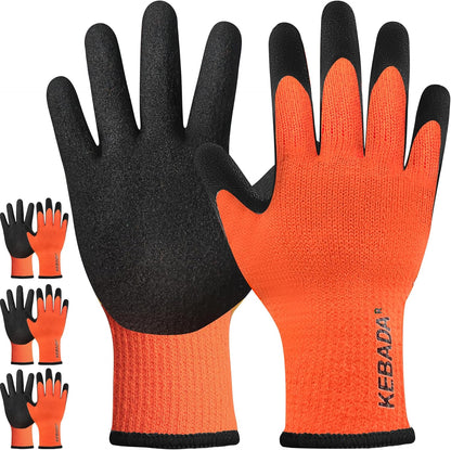 Kebada T3 Winter Work Gloves for Men and Women, Warm Knit Cold Weather Work Gloves, Thermal Insulated Freezer Gloves, 100% Latex Coating Non-slip Grip, Long Wrist Design, 3 Pairs, Orange, Medium
