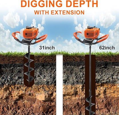 62CC Newly Upgraded Post Hole Digger Gas Powered, 2 Stroke Auger Post Hole Digger with 2 Drill Bits (6" & 8") + 1 Extension Rod for Planting - Ideal for Farm & Garden - Orange (62 CC)