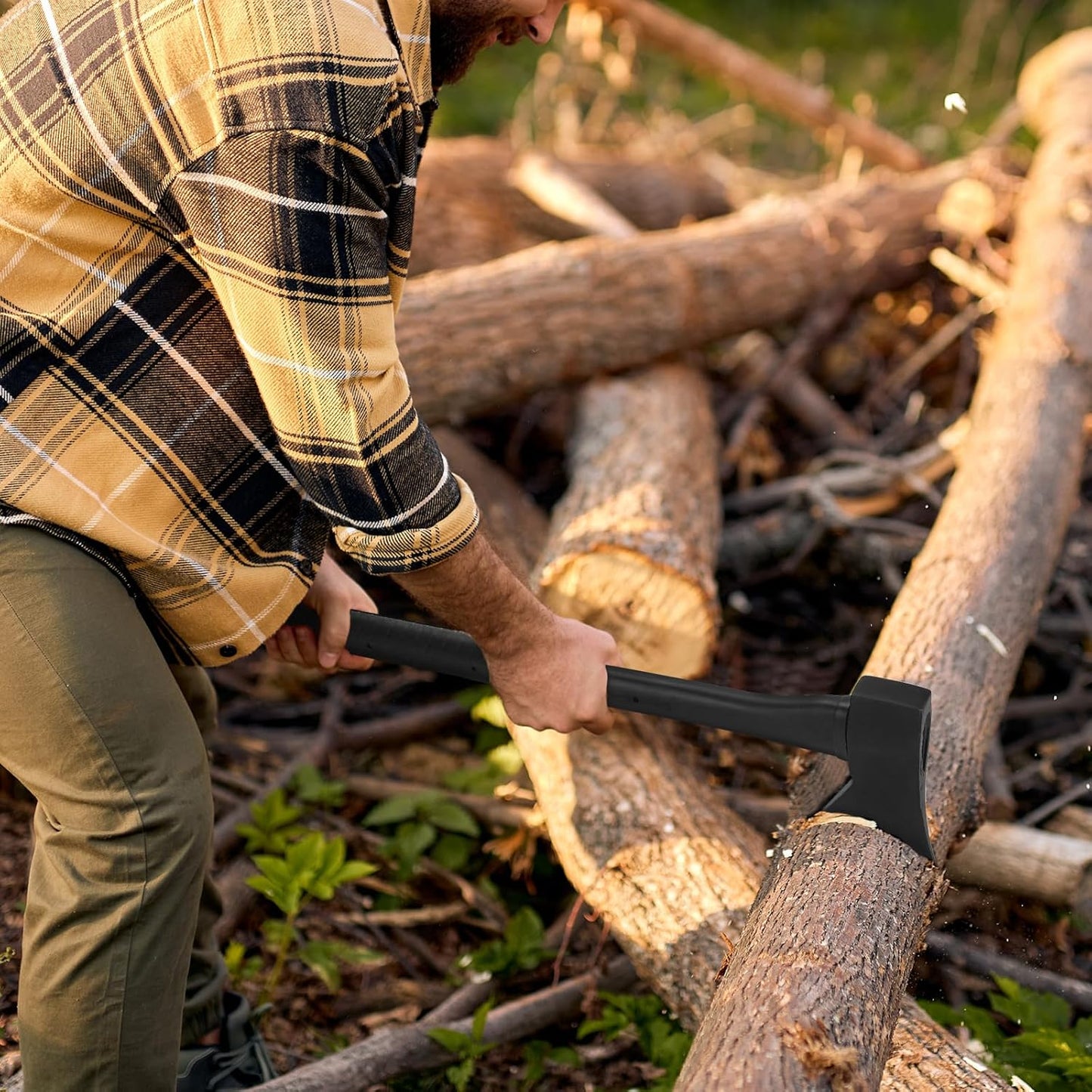 Splitting Axe, 27" Camping Chopping Hatchet for Firewood Splitting, Forged Carbon Steel Heavy Duty Maul, Fiberglass Shock Reduction Handle with Anti-Slip Rubber Grip
