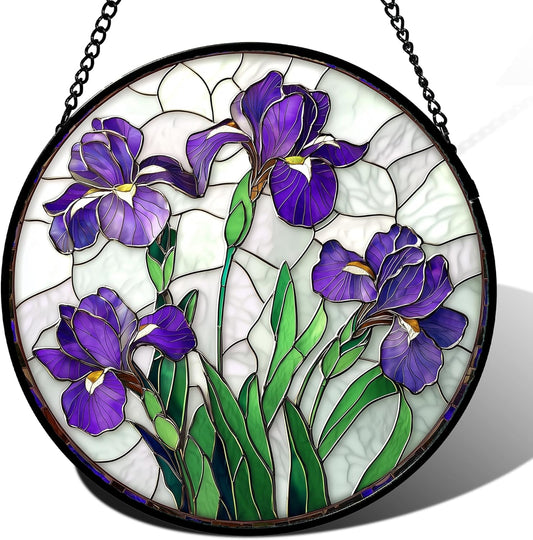 Stained Glass Window Hanging - Purple Iris Flower Sun Catcher for Door Terrace Garden Home Decor
