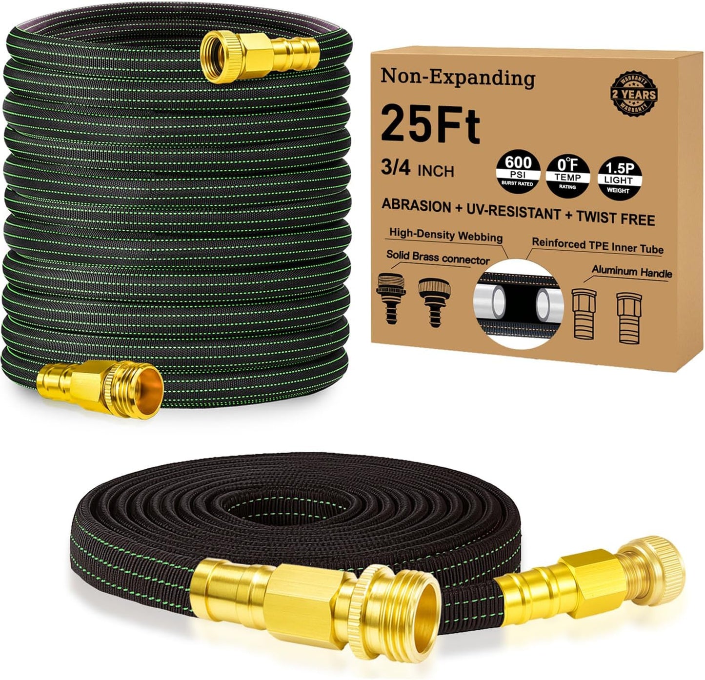 25FT Lightweight Flexible Garden Hose,Non-Slip Handles,Non-kink Hose,Solid Brass Fitting for Boats, RV Water Hose,Marine Washdown,Lawn,Garden,Leakproof TPE Hose (GreenBlack, 25 FT)