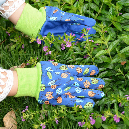 HANDLANDY 2 Pairs Kids Gardening Gloves, Girls Boys Children Garden Work Play Gloves (Green Ladybug & Dot, Medium)