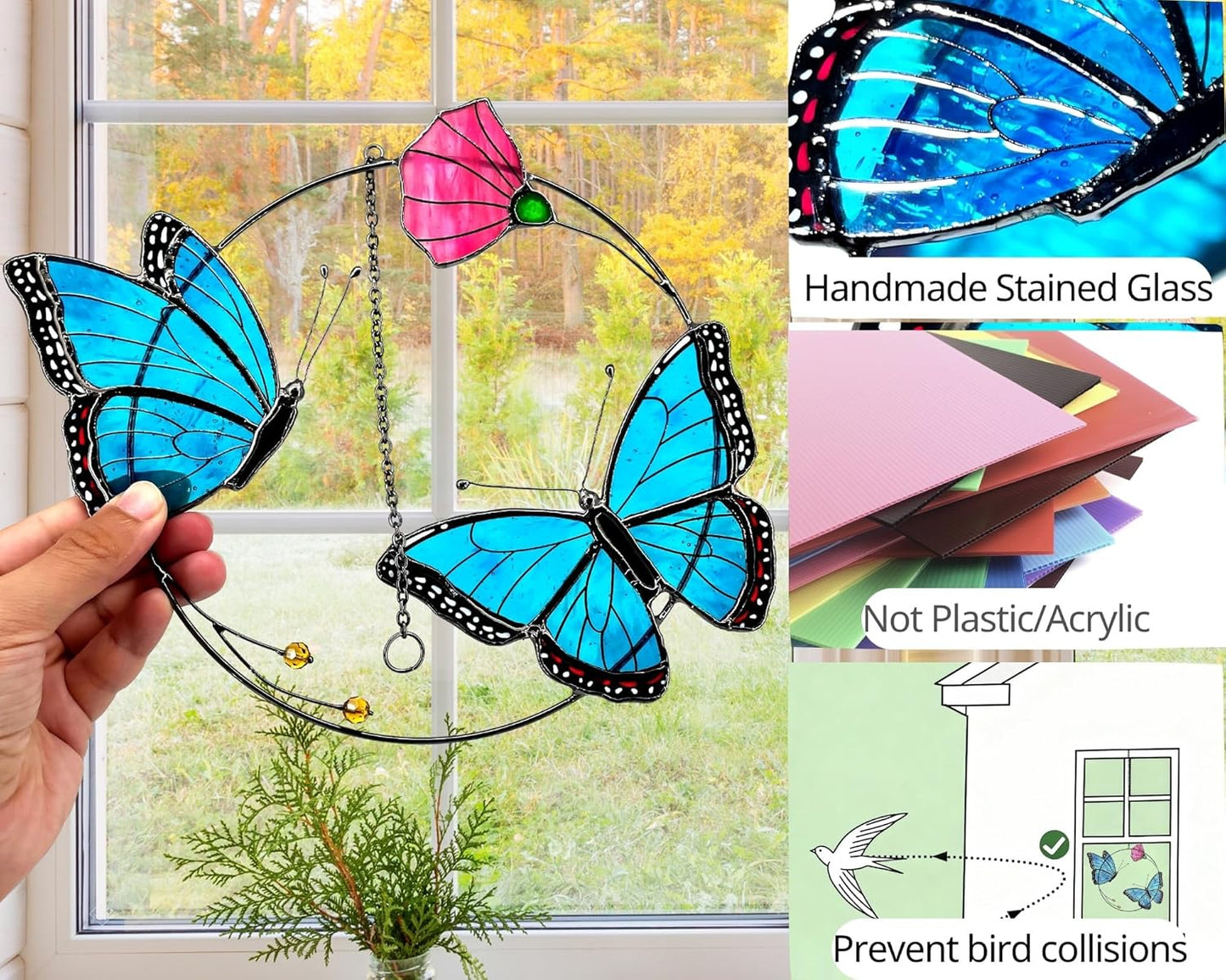 2 Morpho Butterfly Stained Glass Window Hanging - Handmade Suncatcher Real Glass - Blue Menelaus Butterflies Light Catcher Elegant Gifts for Mother, Women, Grandma (Gifts-Box provided)