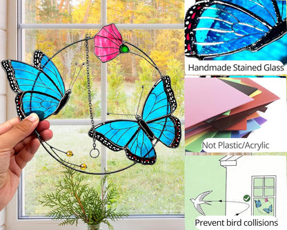 2 Morpho Butterfly Stained Glass Window Hanging - Handmade Suncatcher Real Glass - Blue Menelaus Butterflies Light Catcher Elegant Gifts for Mother, Women, Grandma (Gifts-Box provided)