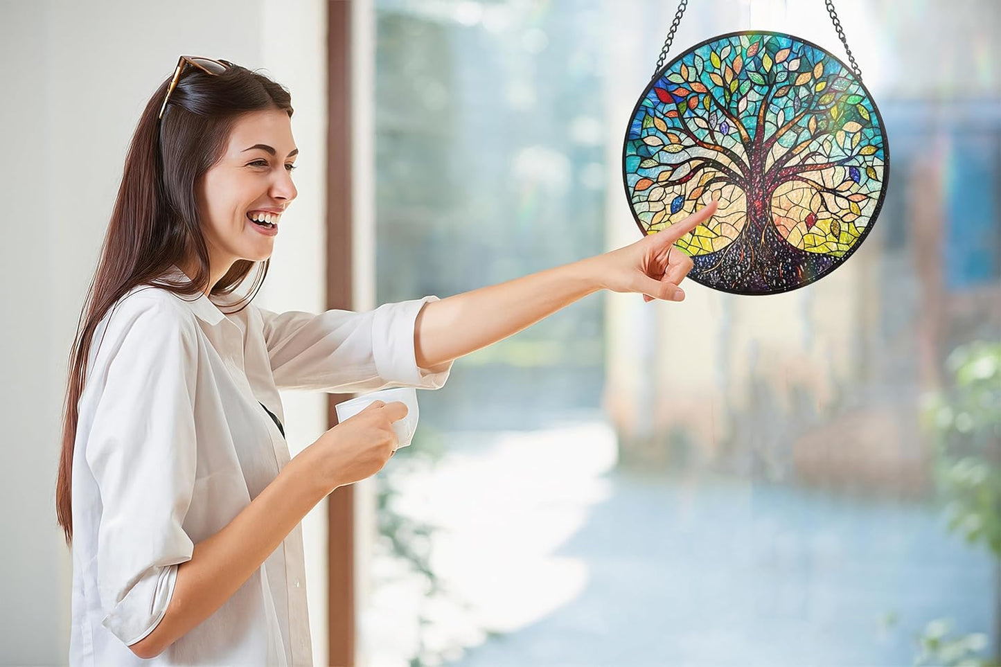 Tree of Life Stained Glass Sun Catcher - Handcrafted 7.87 Inch, Blue Sun Catcher Decoration, Stained Glass Window Hanging, Outdoor Garden Decor Gift, Gift for Friends, Family, Coworkers, Classmates