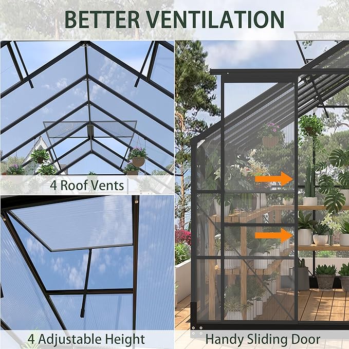 Polycarbonate Greenhouses, 8x16 FT Green Houses for Outside with Adjustable Roof Vents, Walk-in Aluminum Frame Greenhouse, Windproof, Garden(8x16FT)