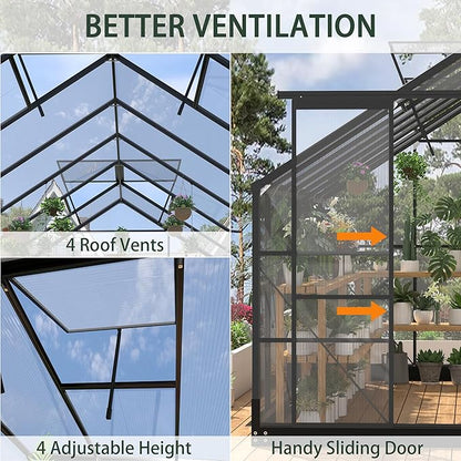 Polycarbonate Greenhouses, 8x16 FT Green Houses for Outside with Adjustable Roof Vents, Walk-in Aluminum Frame Greenhouse, Windproof, Garden(8x16FT)