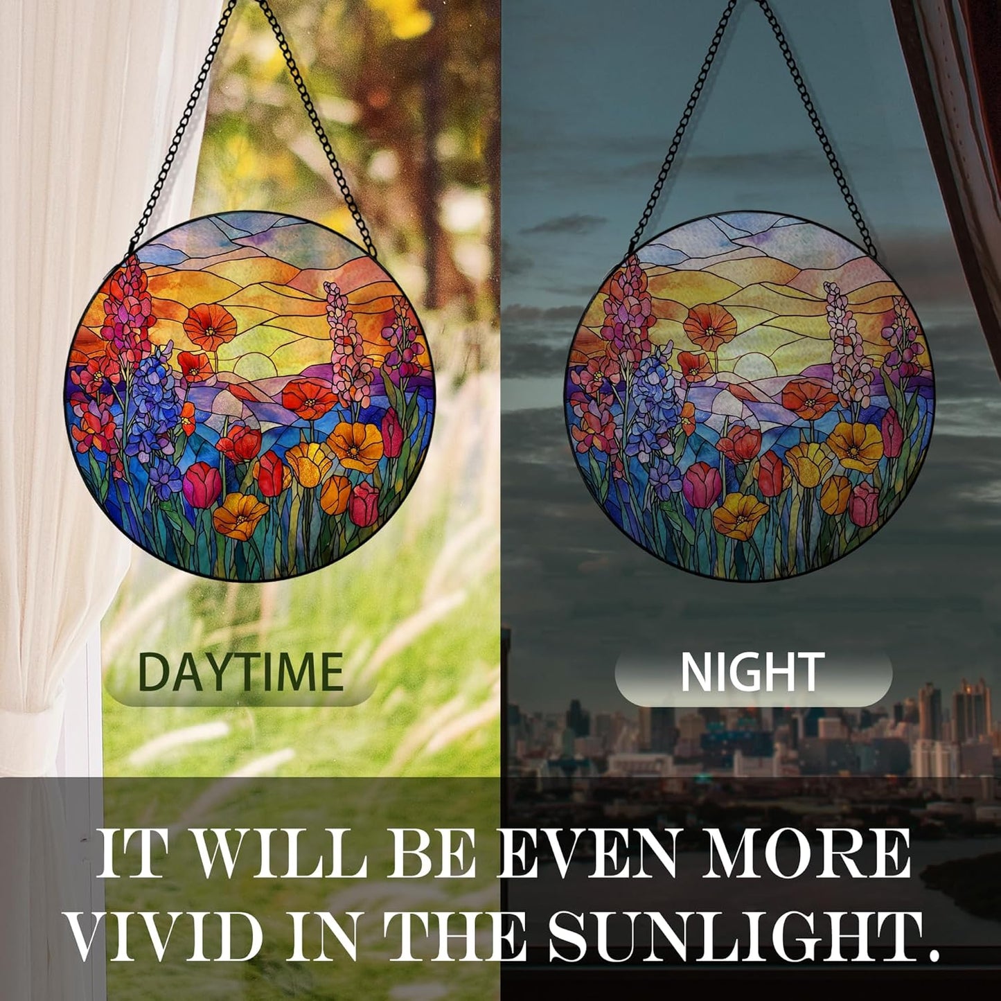 Sunset Flower Suncatcher Stained Glass Window Hanging, Cottagecore Wildflower Sun Catchers Indoor Window Glass Round Wall Decor, Floral Sunset Sunshine Wall Art Hanging Decorations, ＂7.8x7.8＂