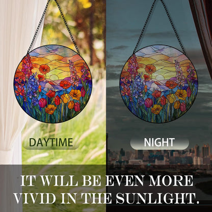 Sunset Flower Suncatcher Stained Glass Window Hanging, Cottagecore Wildflower Sun Catchers Indoor Window Glass Round Wall Decor, Floral Sunset Sunshine Wall Art Hanging Decorations, ＂7.8x7.8＂