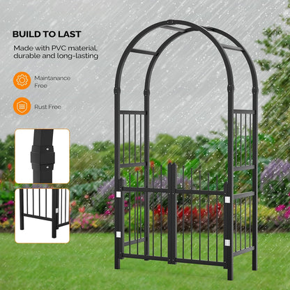 VINGLI Garden Arbor with Gate, PVC Frame Trellis Garden Arch for Plant Climbing, Vinyl Pergola Wedding Arch Backdrop Standing for Backyard, Lawn, Event (Black)