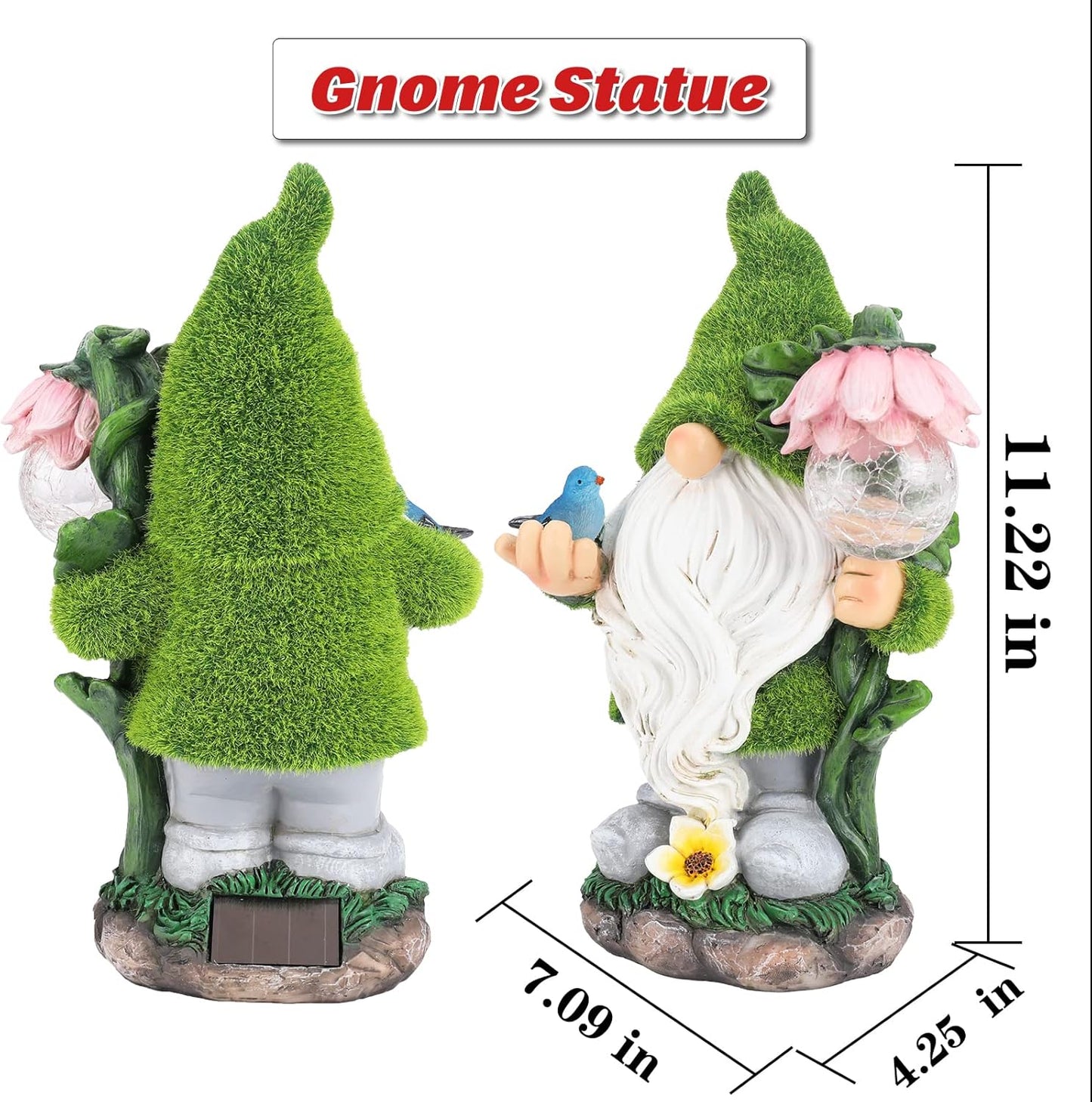 Garden Gnome Statue - Funny Gnome Decoration Hold Flower with Solar Crackle Glass Globe Lights, Resin Gnomes Figurine Ornament for Patio Yard Lawn Porch Outdoor Decor