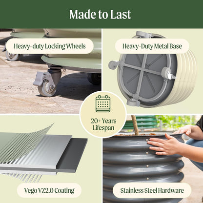 Rolling Metal Citrus Tree Planter, Self-Watering Round Planter Box for Porch Patio & Backyard, Raised Garden Bed with Wheels for Growing Trees Tomatoes Vegetables and Flowers, Single Pack-Modern Gray