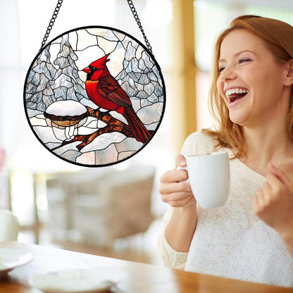 Stained Glass Window Hanging Cardinal Bird Winter Snow Scene Large 11.8" - Suncatcher Door Garden Sunroom Sun Catcher Home Decor Birthday Christmas for Mom Men Woman Nana