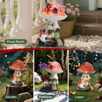 Solar Mushroom Gnome Reading Light, Weatherproof Resin Fairy Garden Figurine Decor Auto On/Off - Book Lover Gift for Pathway & Patio