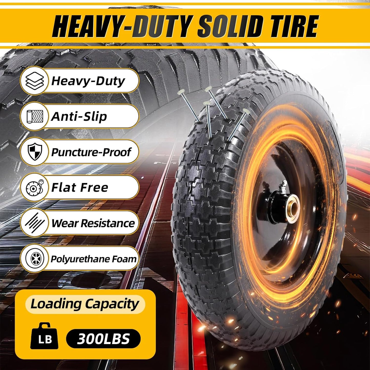 MZREXN 14.5" Wheelbarrow Tire Flat-Free 3.00/3.25/3.50/4.00-8" Solid Tire and Wheel with 3"-7" Centered Hub, 3/4" & 5/8" Bearings Replacement for Hand Truck/Dolly/Utility Cart/Garden Cart 2PCS Black