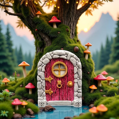 Red Mini Fairy Garden Door for Tree, 3D Miniature Fairy Door for Fairytale Tiny House Doors, Bonsai Terrarium Micro Landscape Decoration Accessories Garden Miniatures