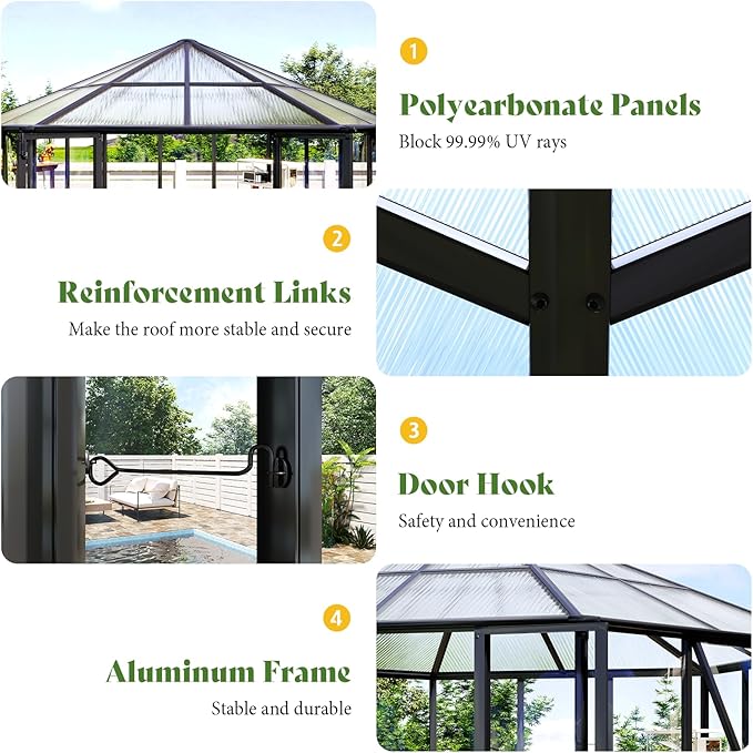 AMERLIFE 12×10×8 ft Hexagonal Outdoor Greenhouse, Aluminum Frame with Quick‑Connectors, 2 Swing Doors, 2 Vents – Walk‑in Garden Structure