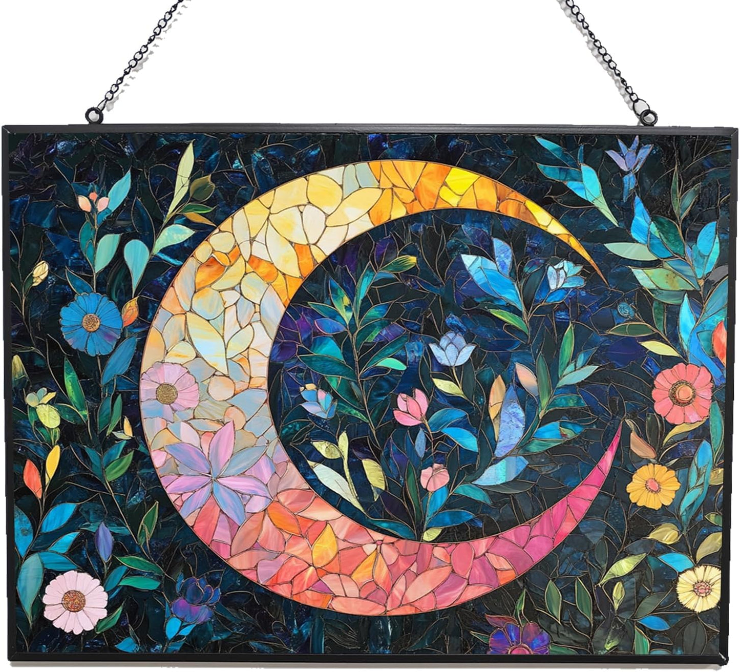 Personalized Rectangle Boho Crescent Moon Florals Stained Glass Window Hanging, Stained Glass Window Decor Suncatcher for Women, Home Décor