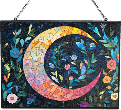 Personalized Rectangle Boho Crescent Moon Florals Stained Glass Window Hanging, Stained Glass Window Decor Suncatcher for Women, Home Décor